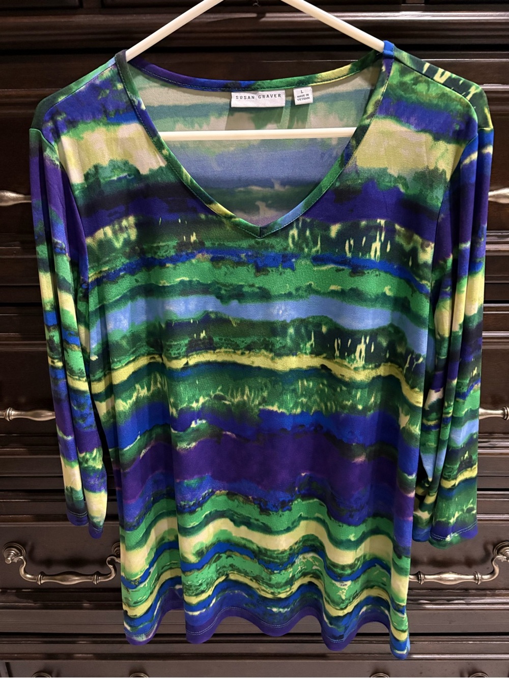 Susan Graver Multicolor Striped V-Neck Long Sleeve Top-Green, Blue, Yellow-Sz L